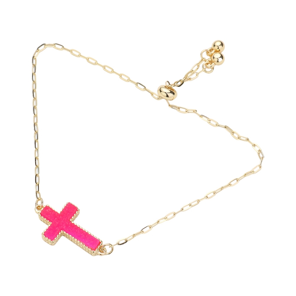 Neon Pink Fuchsia Druzy Sideways Cross Bracelet Gold Cinch Pull Chain